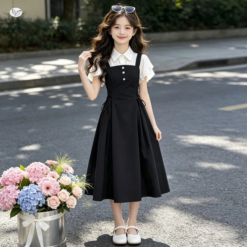 Girls School Style Strapless Dress Set 2026 Summer New Middle Big Kids Short Sleeve Shirt Skirt Long Dress Summer Clothes