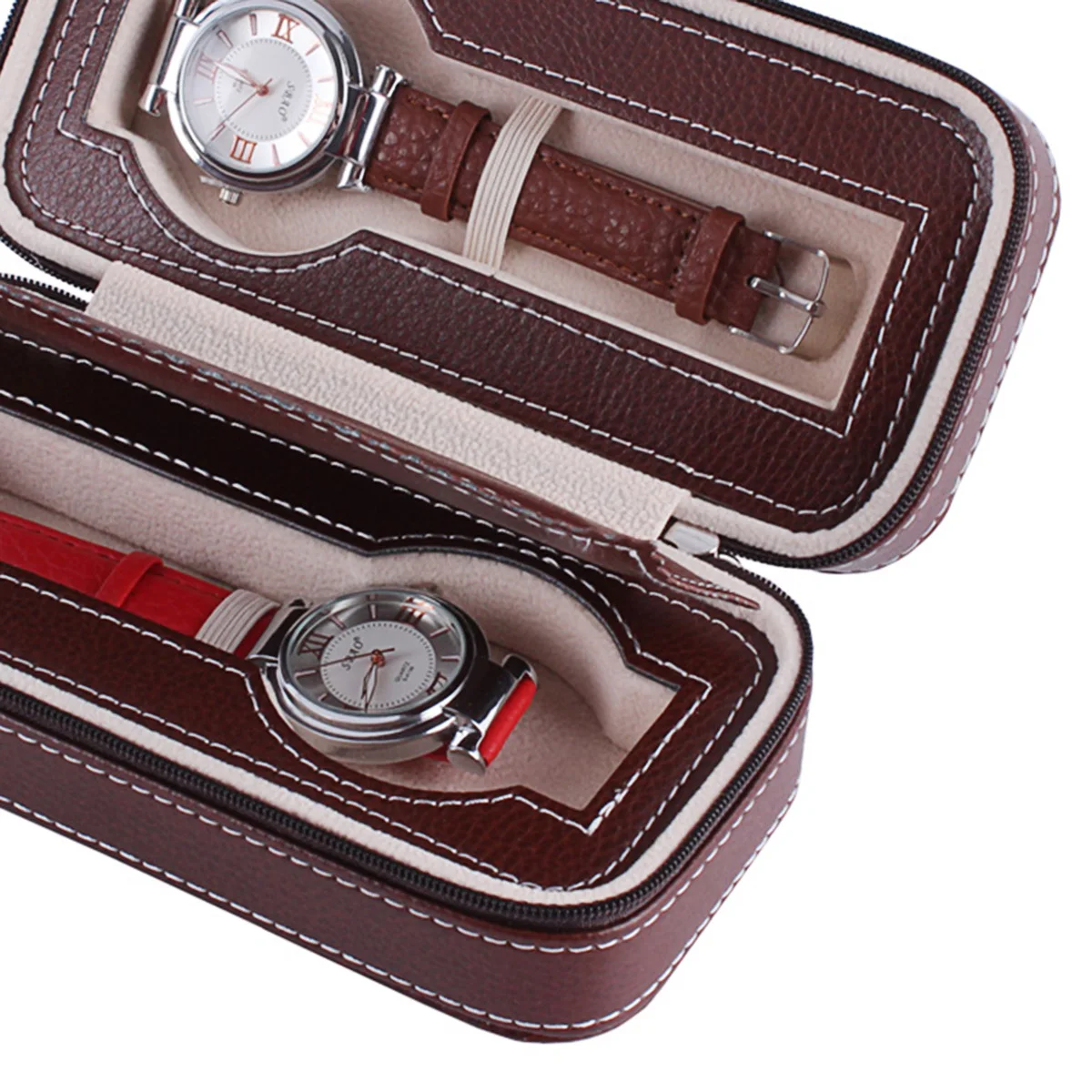 

Travel Watch Box Organizer Dual Slot Zippered Storage Case Portable Elegant Design for Personal Use Brown Watch Organizer