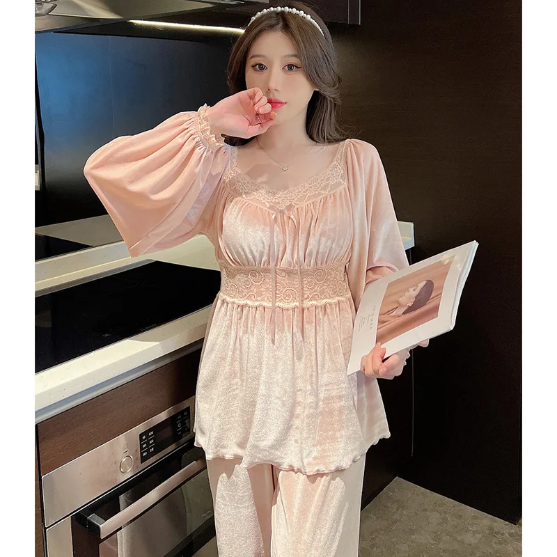 Elegant Ladies Sleepwear Set Casual Pijama Mujer V Neck Long Sleeve Pajamas Women Autumn Winter Gold Velvet Warm Home Clothes