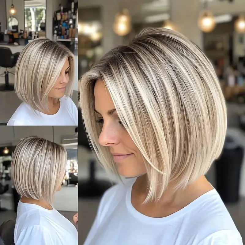 Short Straight Gradient Gold Woman Wig 12inch Button Mesh High-temperature Silk Center Parting Bobo Simulated Hair Full Wigs