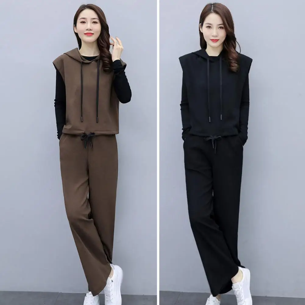 Women Fashion Set Stylish Women's Three-piece Set Black Hooded Vest Coat Elastic Waist Wide Leg Pants for Office Leisure for All