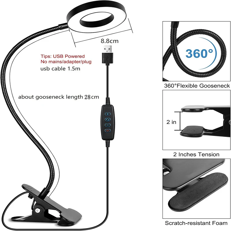 Flexible Gooseneck Book Light Craft Lamp 3 Colors Dimmable LED Desk Lamps for Reading Book in Bed at Night Clip on Table