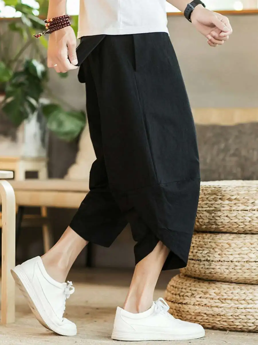 

New Men's Spring Summer Wide Leg Pants Multi Color Casual Beach Cotton Linen Sle Lantern Pants mid Waist Seven Foot Length