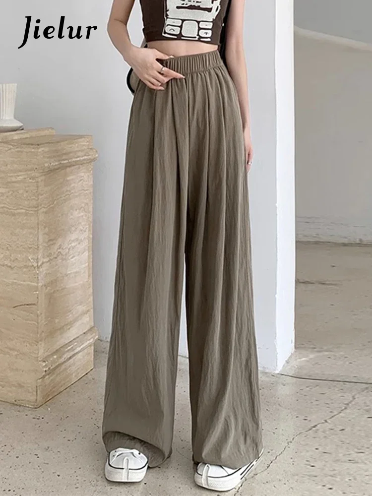 

Jielur Slim Solid Color Loose Women‘s Pants Elastic Waist Straight Casual Simple Female Wide Leg Pants Black Apricot Basic Pants