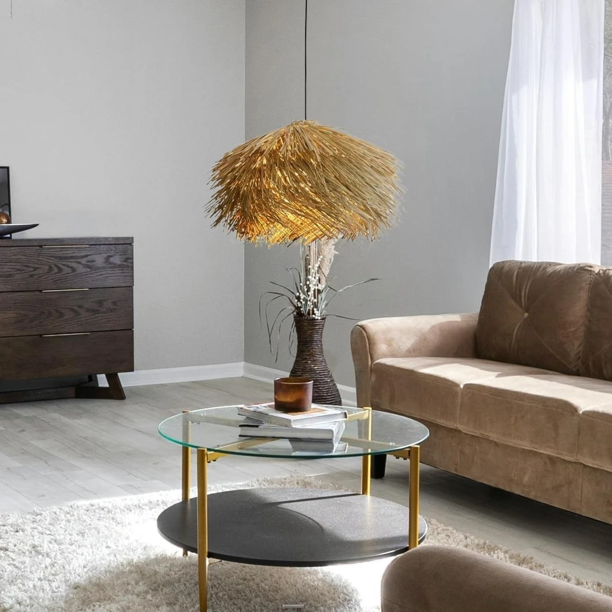 

JOYINLED 40/50/60cm Beige Rattan Chandelier, Hand-Woven Pendant Light Farmhouse Lighting for Dining Room Living Room Foyer Lamp