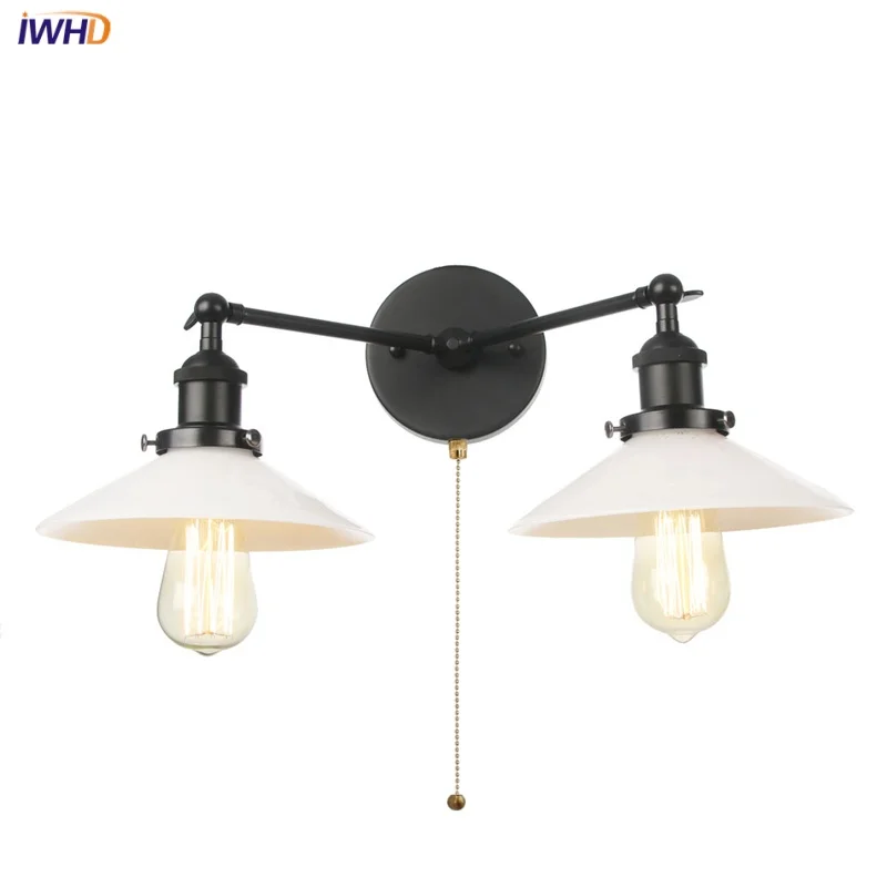 IWHD Retro Industrial LED Wall Light Fixture Balcony Bar Coffee Iron White Glass Pull Chain Switch 2 Heads Bedside Lamp wandlamp