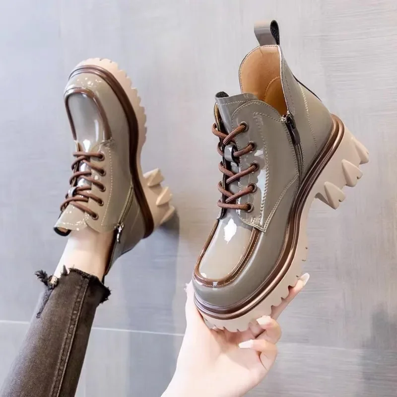 Shoes for Women 2024 Autumn Winter New Chunky Heel Platform Lace-up Women's Boots Fashionable Round Toe Zipper Motorcycle Boots