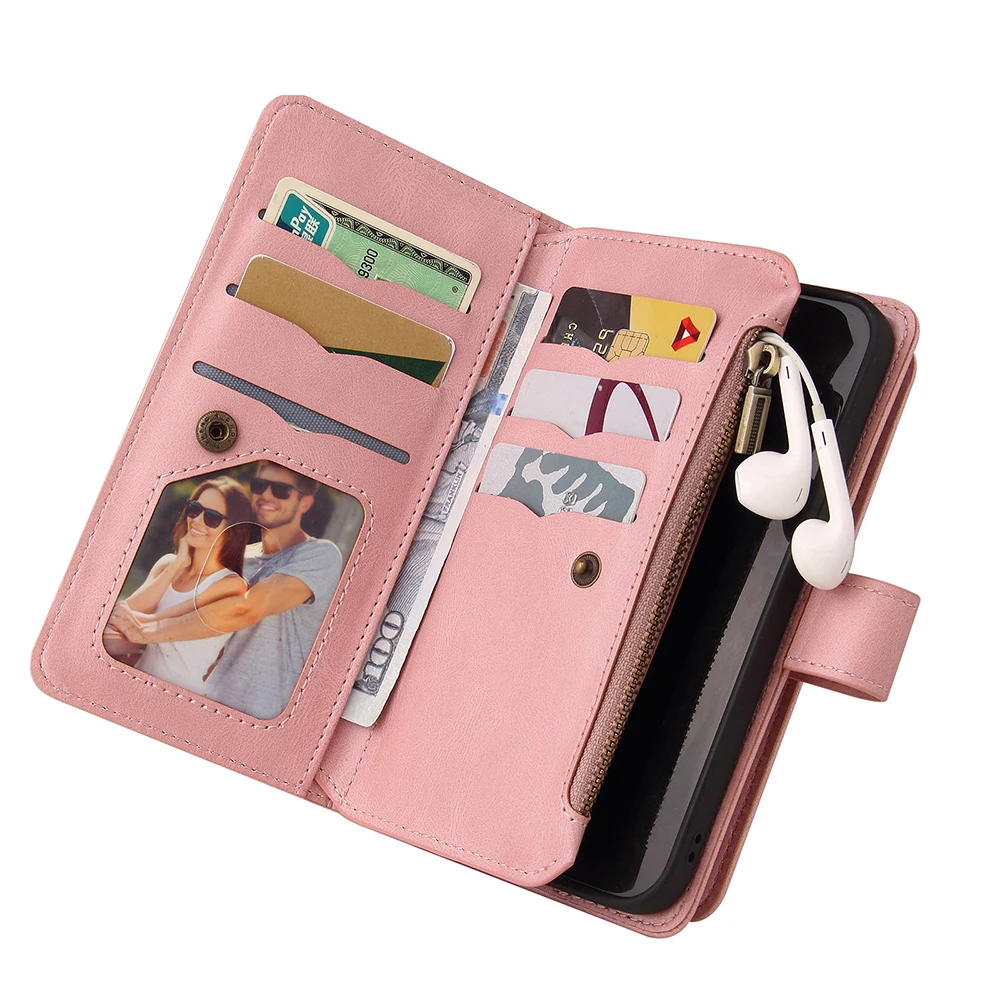 Zipper Leather Wallet Card Flip Phone Case For iPhone 14 Plus 13 12 Mini 11 Pro Max XR X XS Max 7 8 6 6s Plus Phone Holder Cover