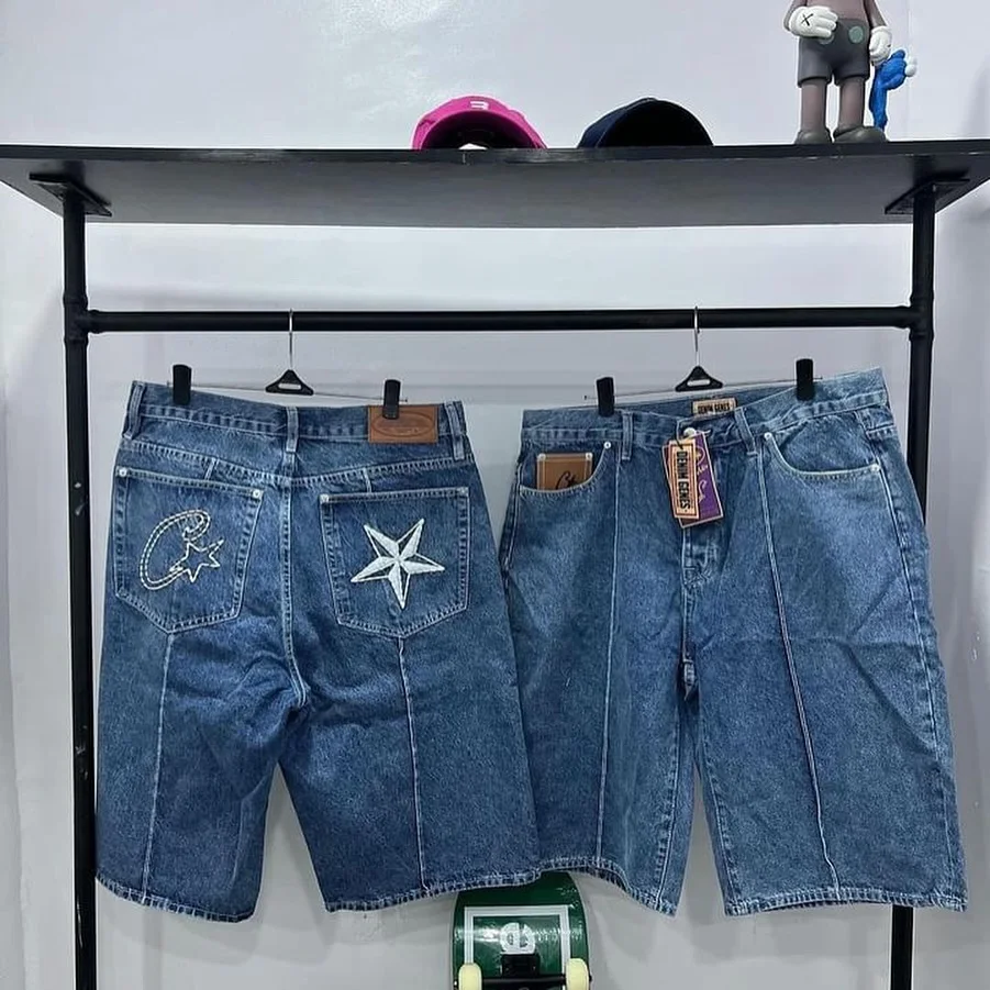 Shorts Cortez Bordados Americanos Masculinos, Shorts Jeans Góticos, Macacão Retro para Homens e Mulheres, Shorts Star Hip Hop, Novo, y2k