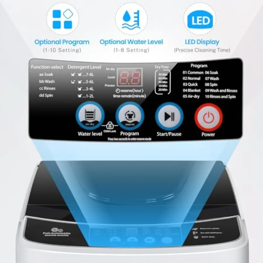 غسالة محمولة 2.1 قدم مكعب، غسالة أوتوماتيكية بالكامل بسعة 15.6 رطل، 10 برامج غسيل، 8 مستويات مياه، مضخة تصريف LED D #5