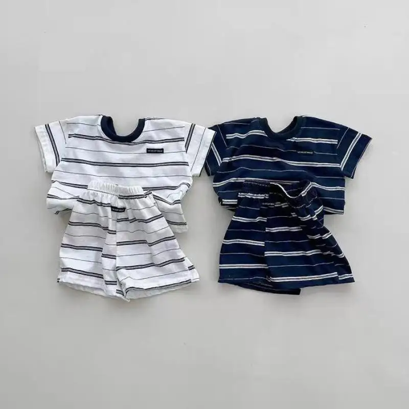 

2026 Summer New Children Casual Striped Clothes Set Baby Short Sleeve T Shirts + Shorts 2pcs Suit For Boys Girls Toddler Outfits