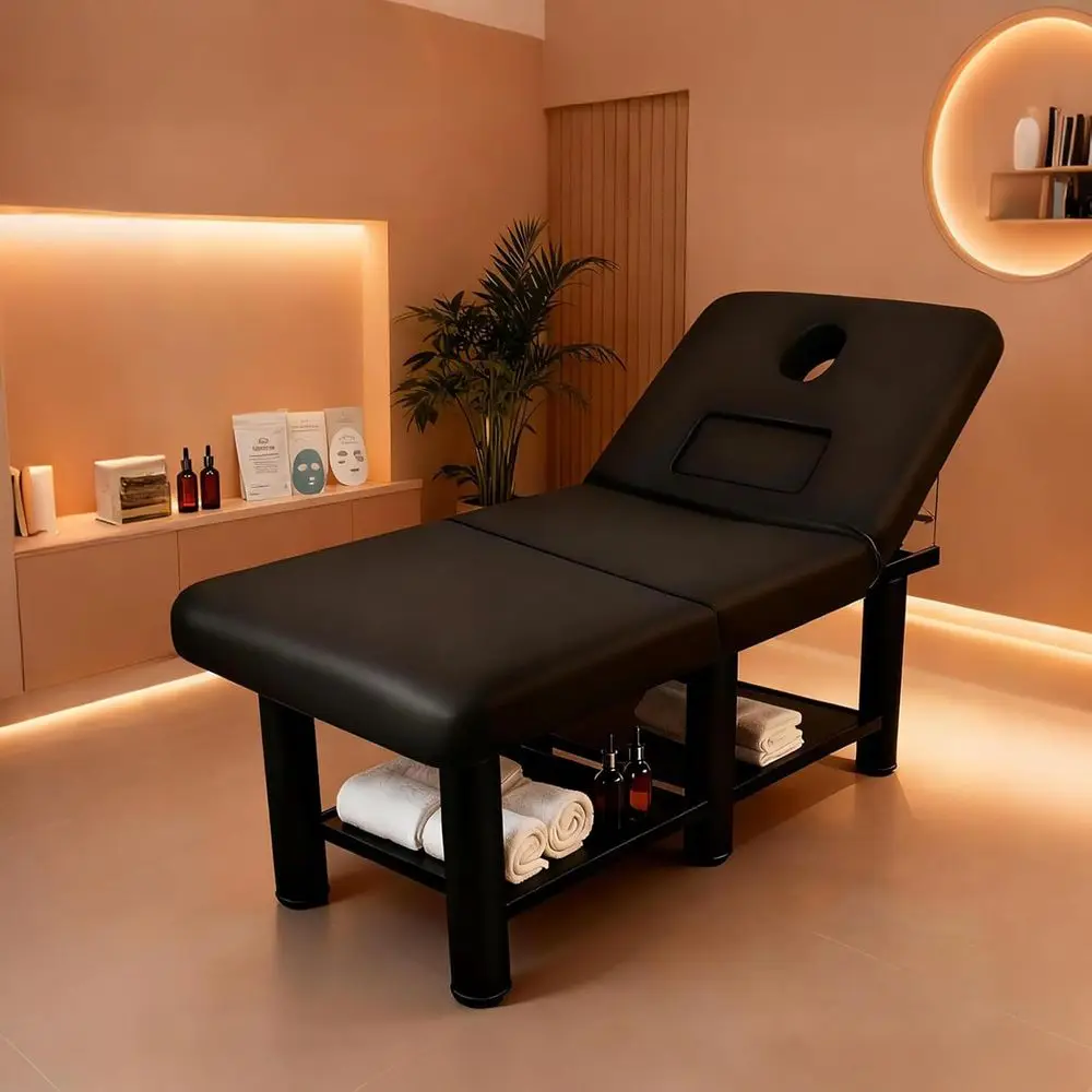 

Adjustable Massage Table with Storage and Backrest, Alloy Steel Frame, PU Leather, Open-Chest Design for Spa and Physical Therap