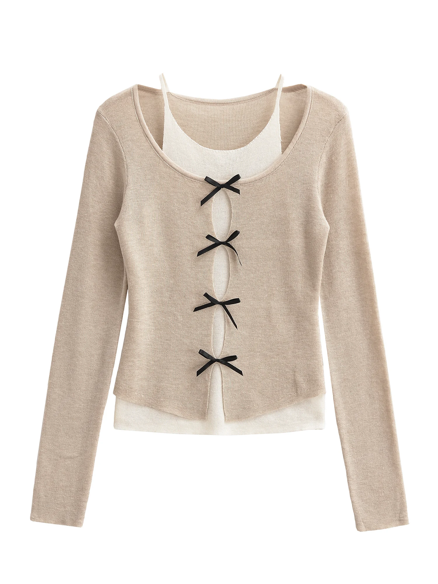 

Sweet Sle Long Sve Knitted Top Women's Slim Fit Contrast Color Knot Hollow out Fake Two-Piece Sweater