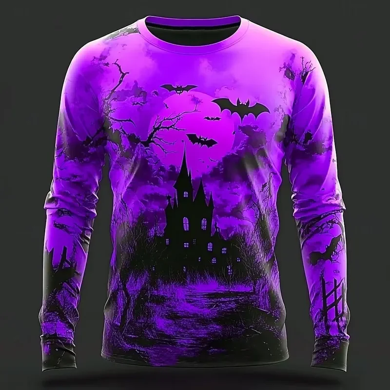 3D Print Casual Long Sleeve 2026 Fall Winter Halloween Pumpkin Print T Shirt Men Goth Streetwear Casual Tops Theme Tees