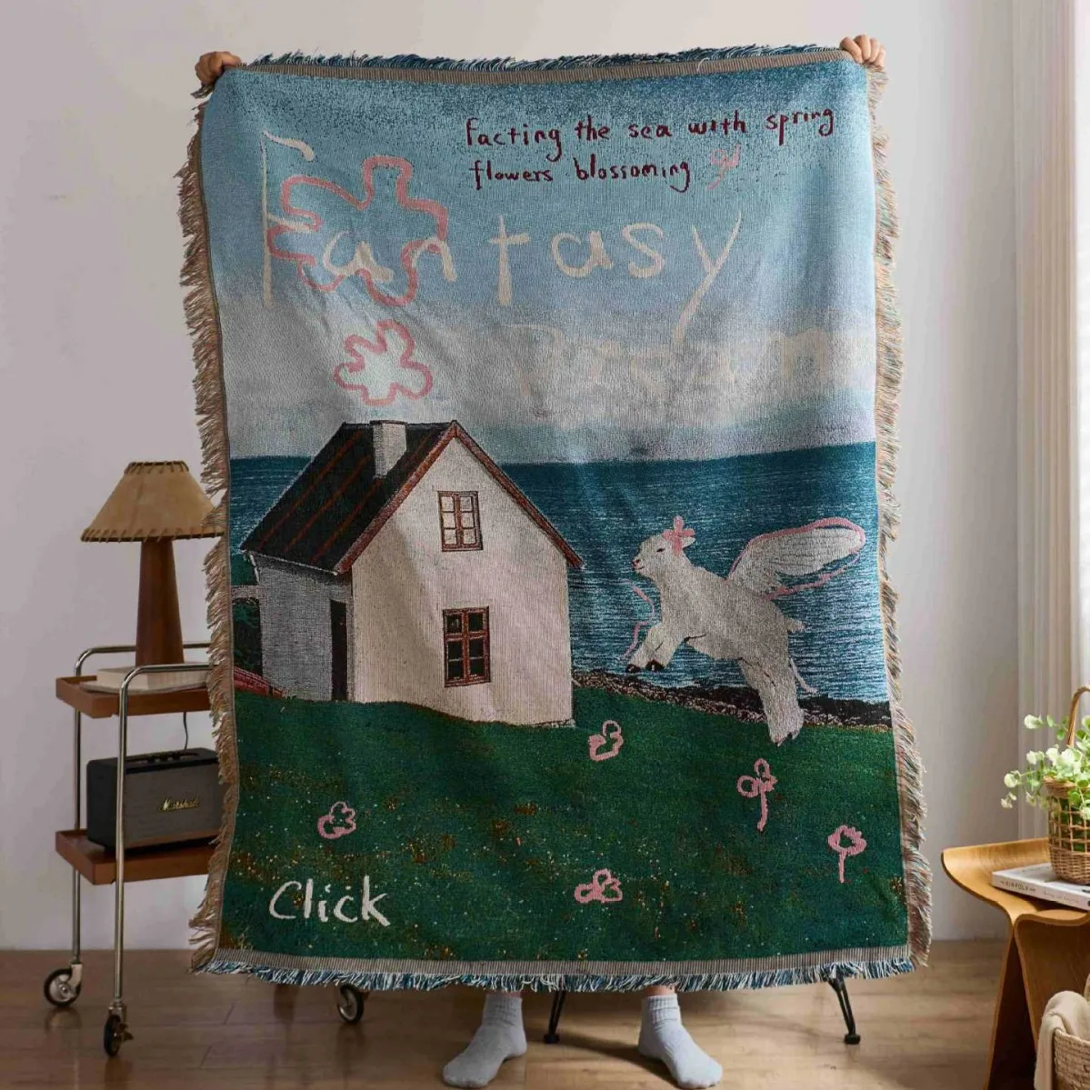

Fantasy Woven Throw Blanket Aesthetic Tapestry Unicorn House by Sea Spring Flowers Coastal Cottagecore Decor for Sofa Bed