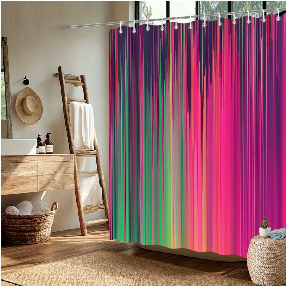 

Abstract Striped Shower Curtain – Pink, Green, Dark Blue Vertical Lines, 2D Flat Print, Polyester, Grommet Top, 71x71 inch
