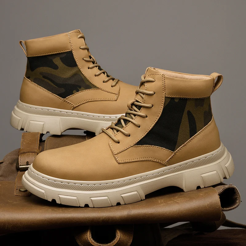 جلد طبيعي الرجال دراجة نارية الأحذية أربعة مواسم عالية أعلى الأحذية في الهواء الطلق أحذية المشي لمسافات طويلة غير رسمية موضة حذاء من الجلد المضادة للانزلاق بوتاس