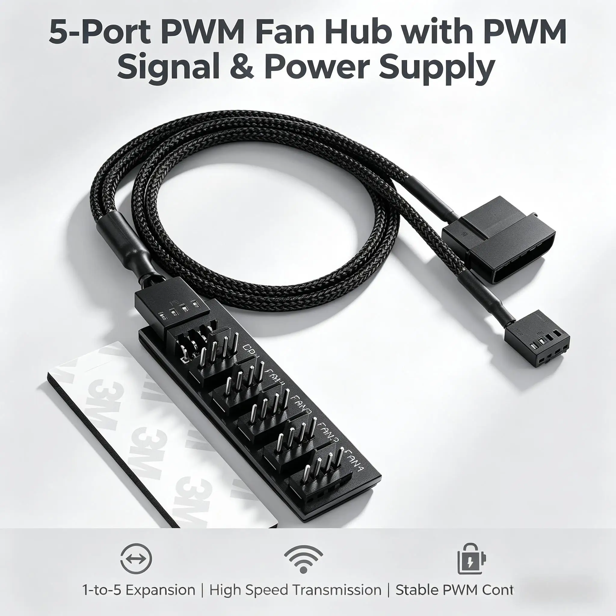 1 to 5 PWM Fan Hub PC CPU Cooling 3PIN/4PIN Fan Power Cable Hub Adapter Sleeved Case Splitter for Computer Cooler Case Fans