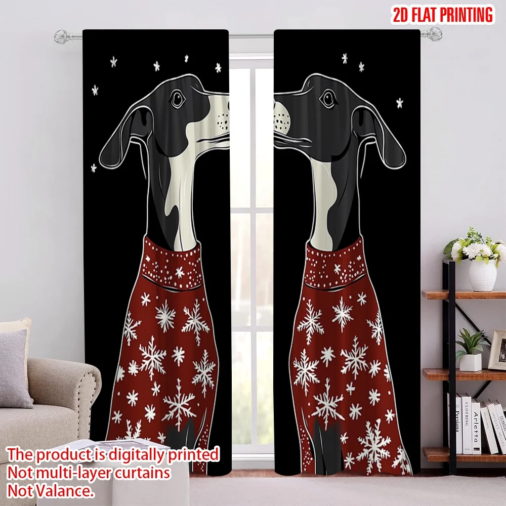 2pcs,2D plane printing Minimalist Curtains Black dogs snowflakes sweater (4) 100% Polyester (without rod) Outdoor Decorations