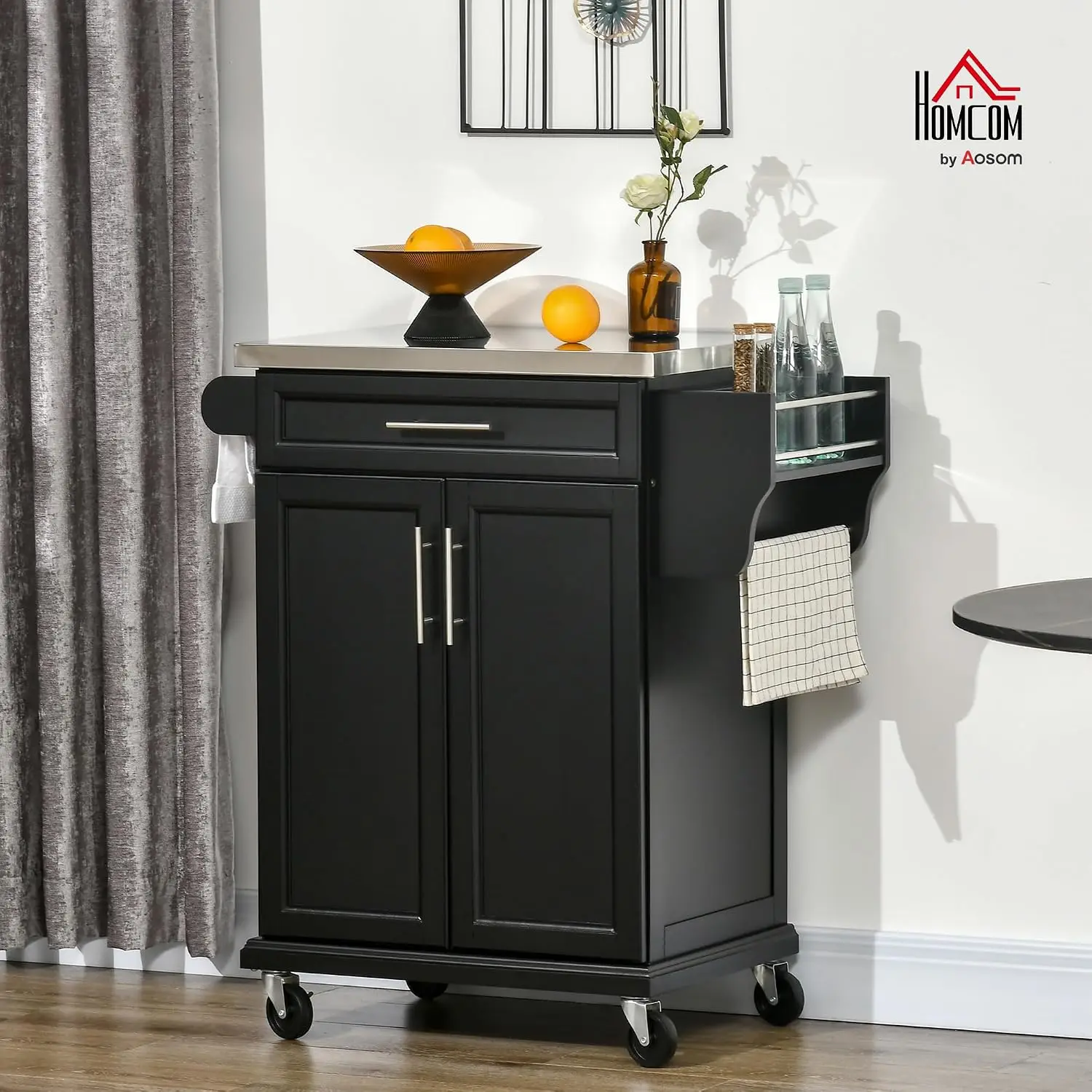 Kitchen Island on Wheels with Stainless Steel Countertop Black | Rolling Kitchen Cart, Drawer, Towel Rack and Spice Rack, Utilit