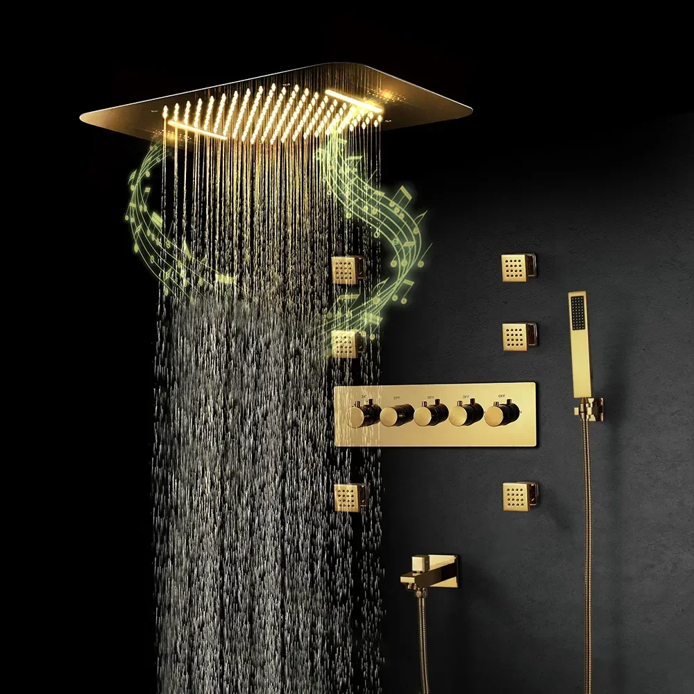 Rain Shower Brush Gold Shower Combo Set Led Head Ceiling Mount Rain Fall Bath Shower Faucet