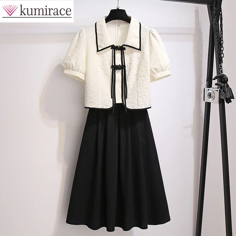 2023 Summer New Korean Women's Set Light Luxury Premium Bubble Sleeve Shirt+Black Half-length Skirt Two-piece Set Party Dresses