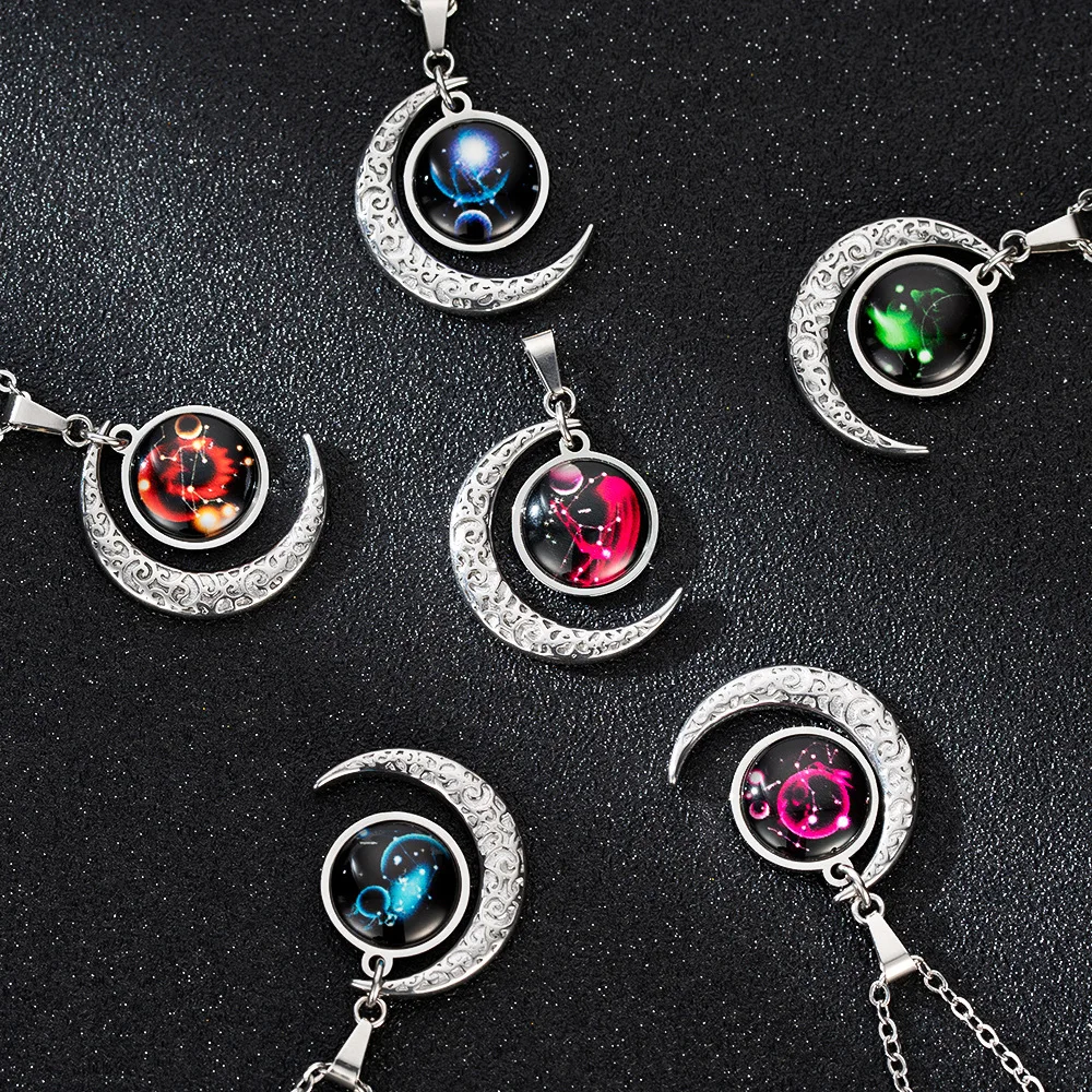 12 علامات زودياك قبة الهلال القمر قلادة للنساء برج الحمل الثور السرطان الدلو الحوت قلادة موضة مجوهرات الحفلات