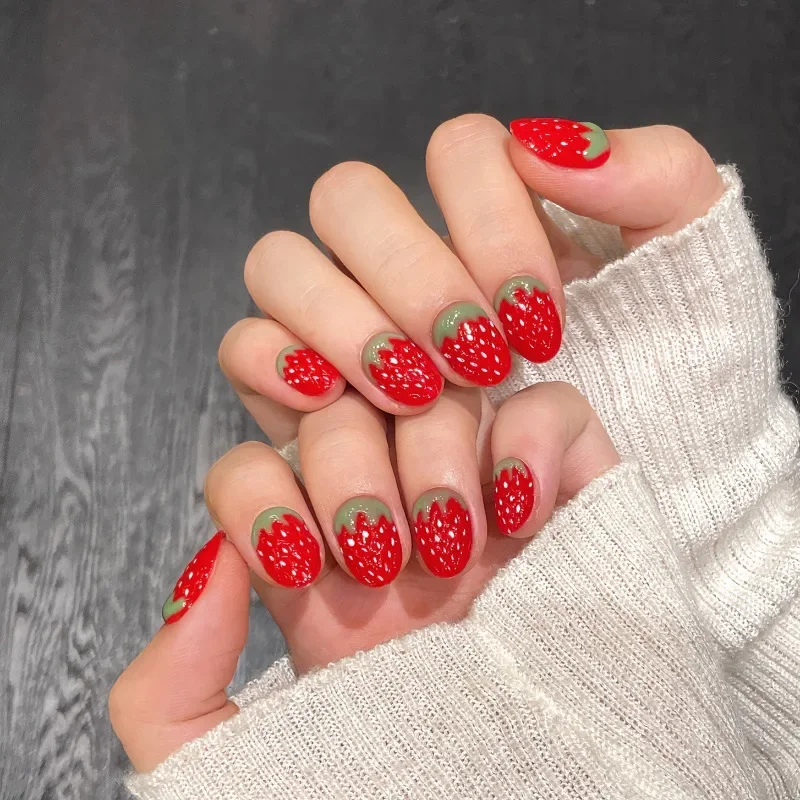 

10 Pcs Handmade Nail Tips 3d Strawberry Short Press on Nails with Box and Tools 2025 Kawaii Funny Sweets False Nails for Girls
