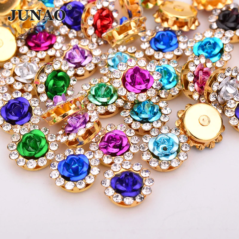 JUNAO 50Pcs 10 12 14mm Mix Color Sew On Glass Crystal Stone Flower Rhinestone Gold Claw Strass Aluminium Bridal Applique