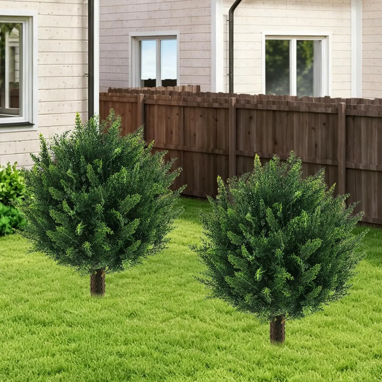 

21" Artificial Cypress Topiary Outdoor Plants with Spikes, 2 Pack Faux Cedar Bushes UV Resistant Fake Shrubs for Front Porch