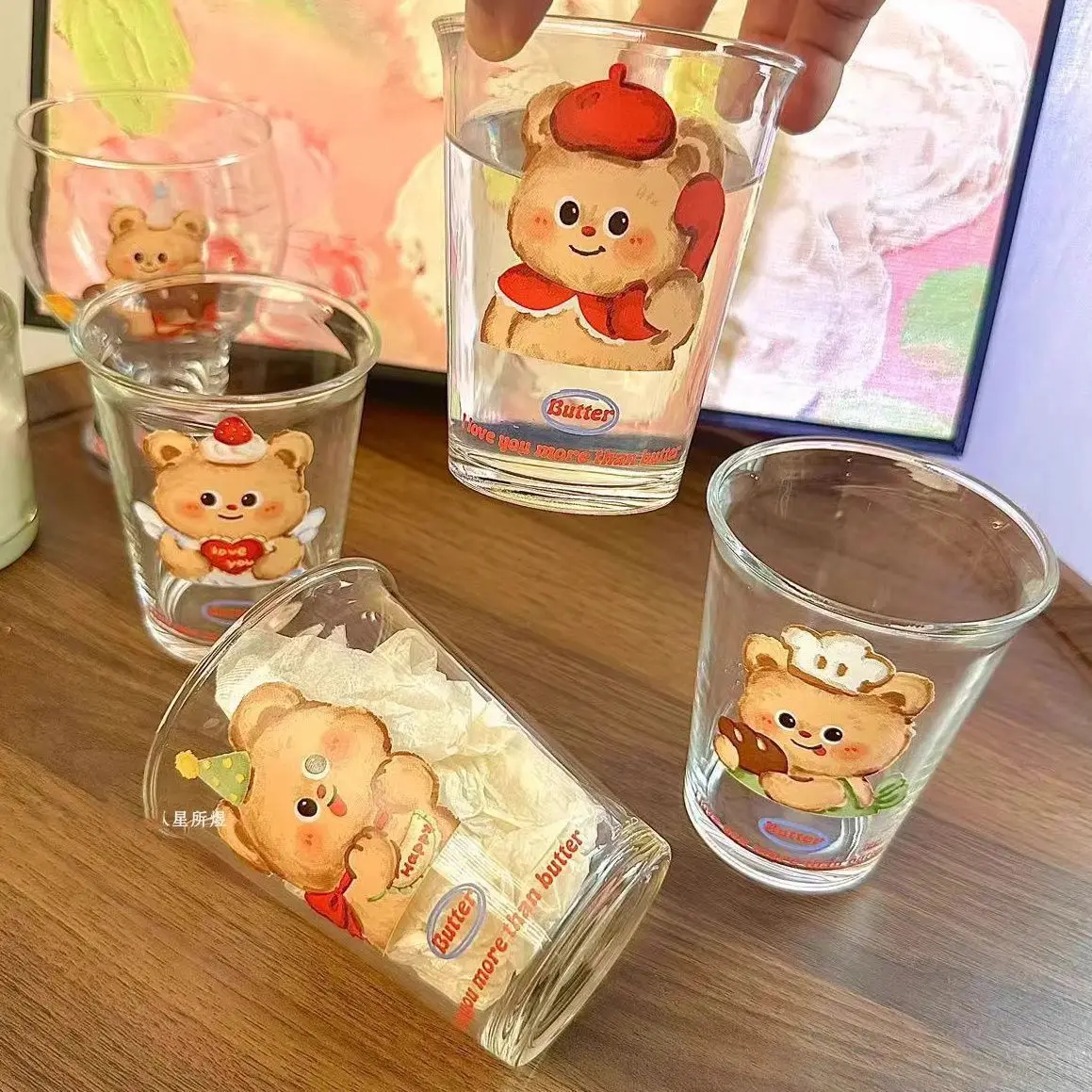 Новинка 2023 года, стильная милая серия High Beauty Butter Bear, стеклянная чашка с принтом, мультяшная домашняя чашка для кофе, завтрака, молока, 300 мл