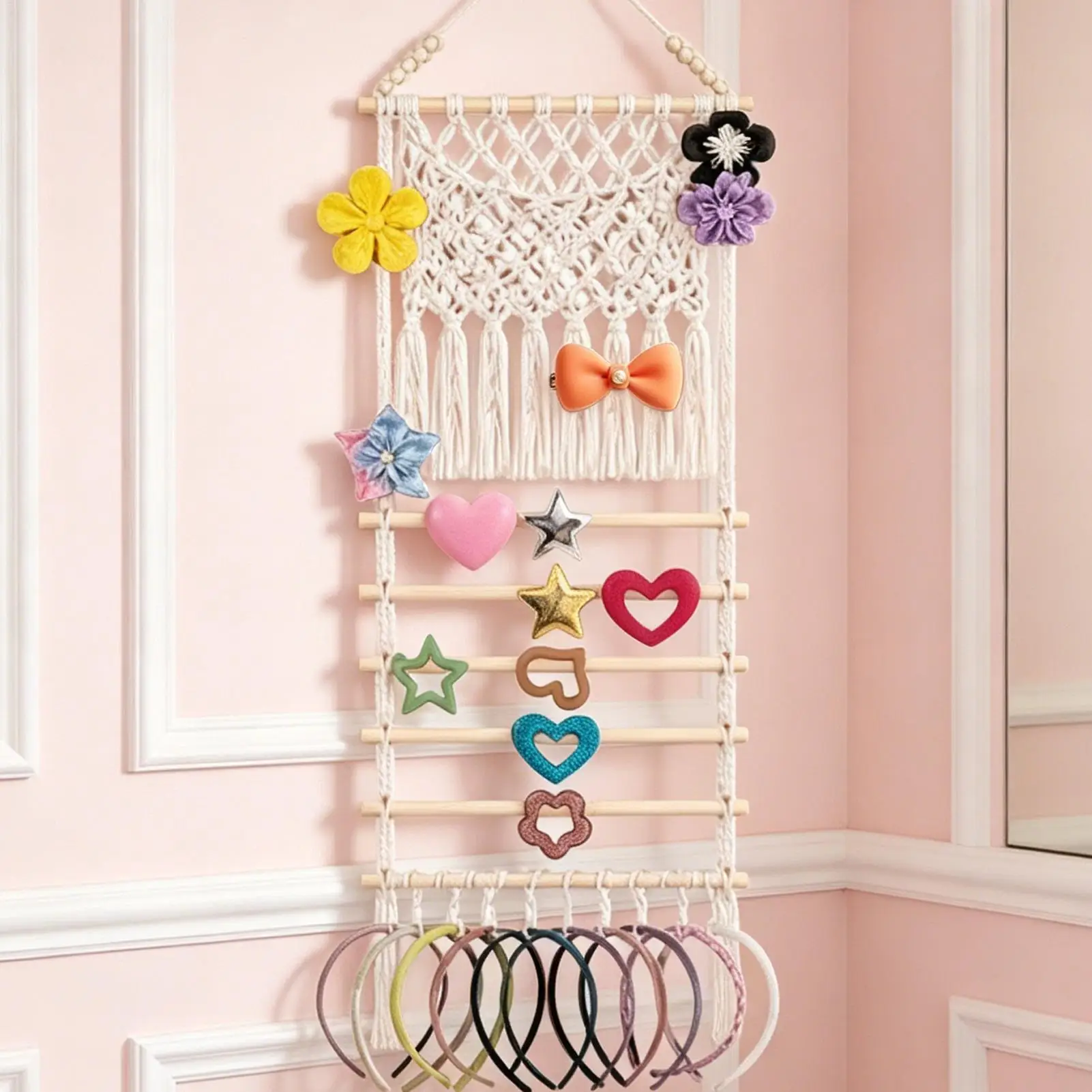 Claw Clip Holder Boho Macrame Scrunchie Tie Holder Hair Accessory Organizer For Women Girls Bedroom Nursery Bathroom Dorm Living