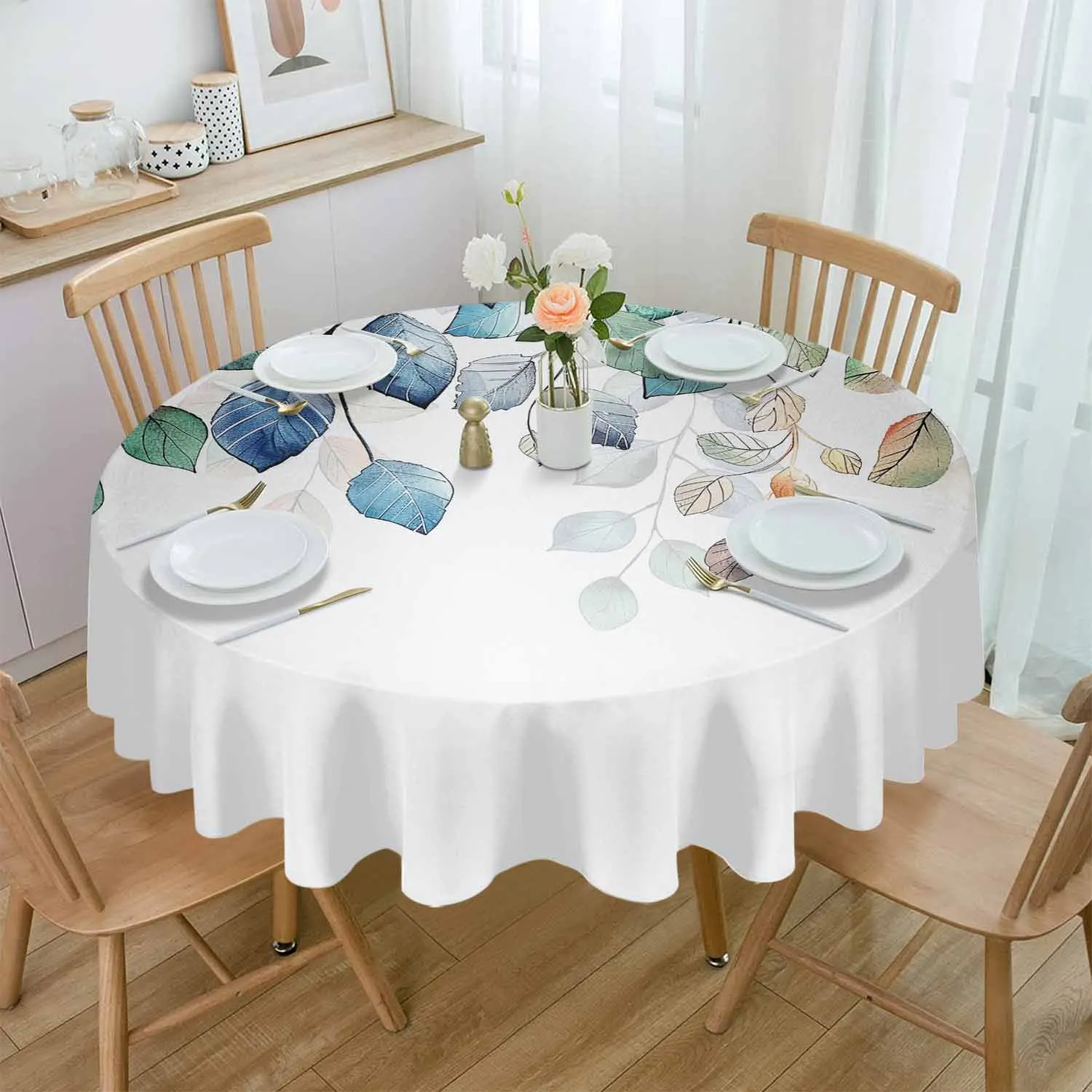 Plant Blue Leaves Waterproof Tablecloth Tea Table Decoration Round Table Cover For Kitchen Wedding Home