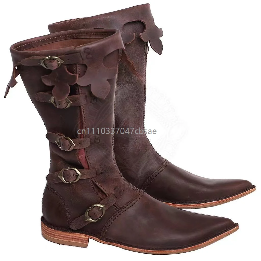 Unisex Pu Leather Scallop Edge Boots Multi Buckle Pointed Toe Boot Edgy Street Style Party Special Occasion Footwear Shoes 2026