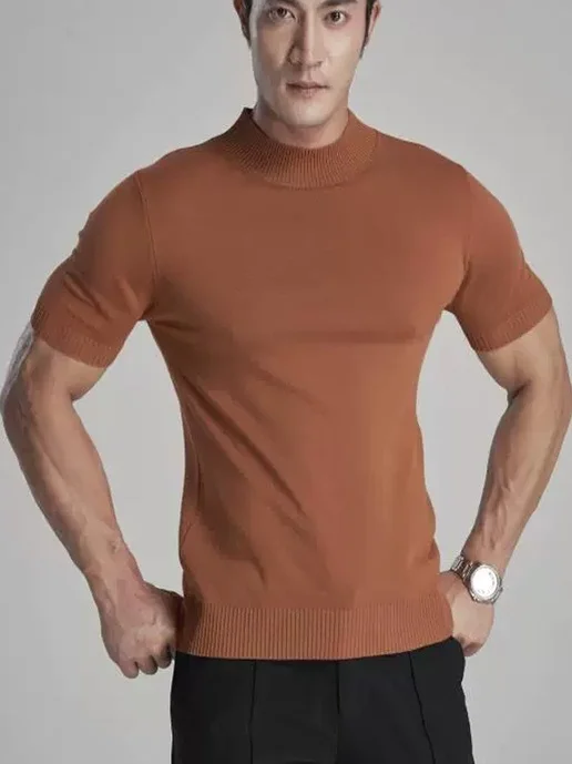 

Мужская облегающая трикотажная кофта из шелковистого хлопка с высоким воротником, дышащая, тонкая, с завышенной талией, в американском стиле casual