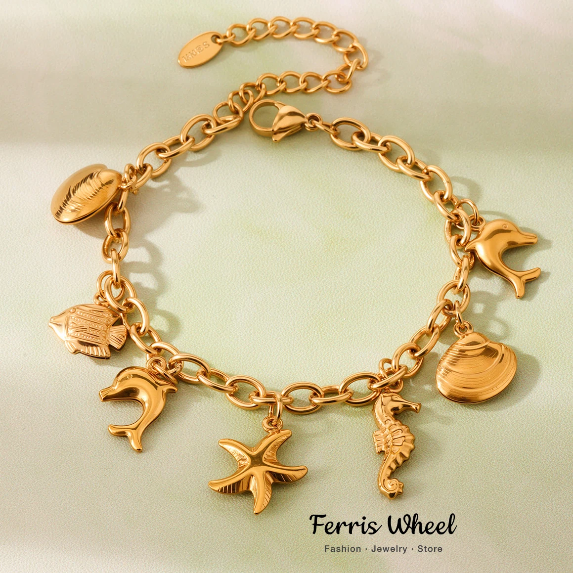 Колесо обозрения, подвеска в виде дельфина, браслеты-подвески из нержавеющей стали для женщин, позолоченный водонепроницаемый роскошный браслет, ювелирные изделия