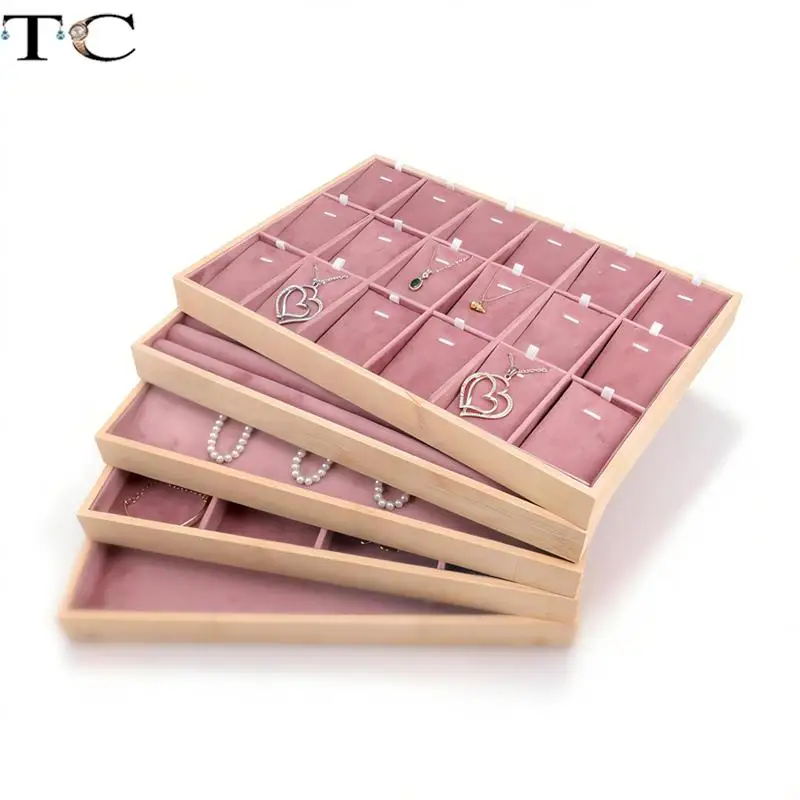 

Wooden Pink Velvet Jewelry Display Tray Ring Stud Necklace Pendant Bracelet Storage and Display Plate