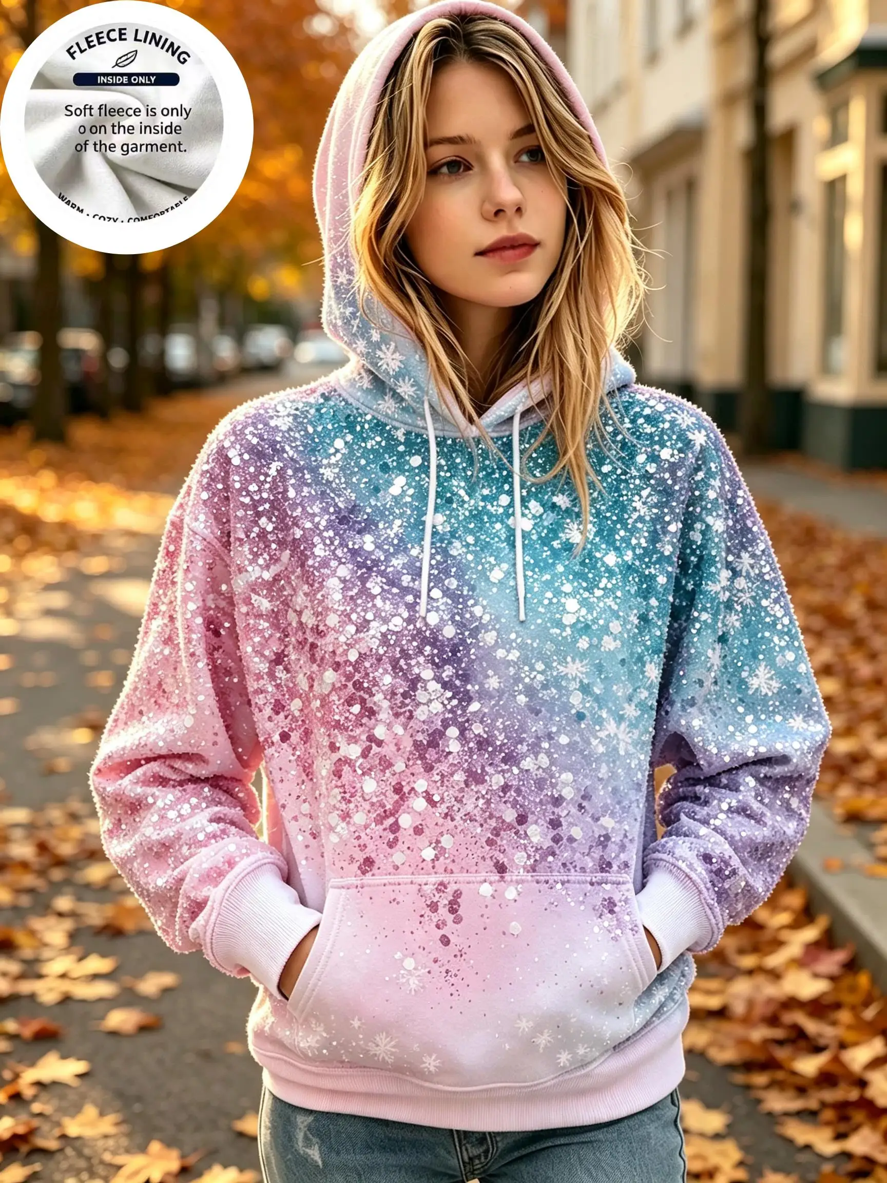 Winter Sparkling Snowflake Fleece Hoodie for Women, Ombre Sequin-Effect Print Casual Long Sleeve Hooded Sweatshirt
