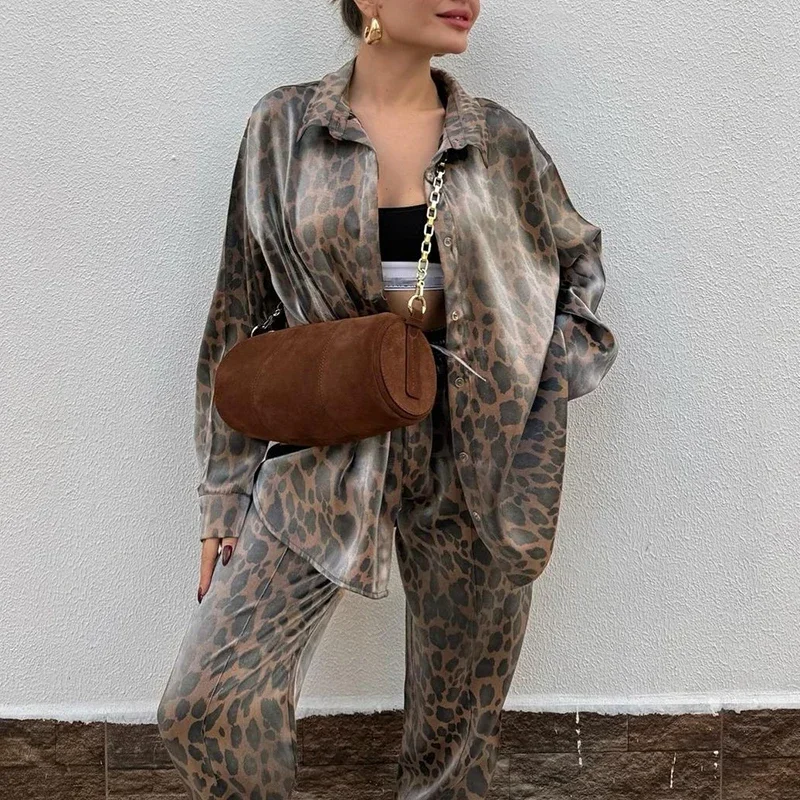 

Harajuku Vintage Leopard Print Women Outfits Spring Single Breasted Lapel Shirt and Slim Pants Suit Autumn Long Sleeve Coat Sets