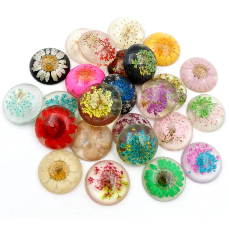 New Fashion 5pcs 25mm Mixed Natural Dried Flowers Flat Back Resin Cabochons Cameo