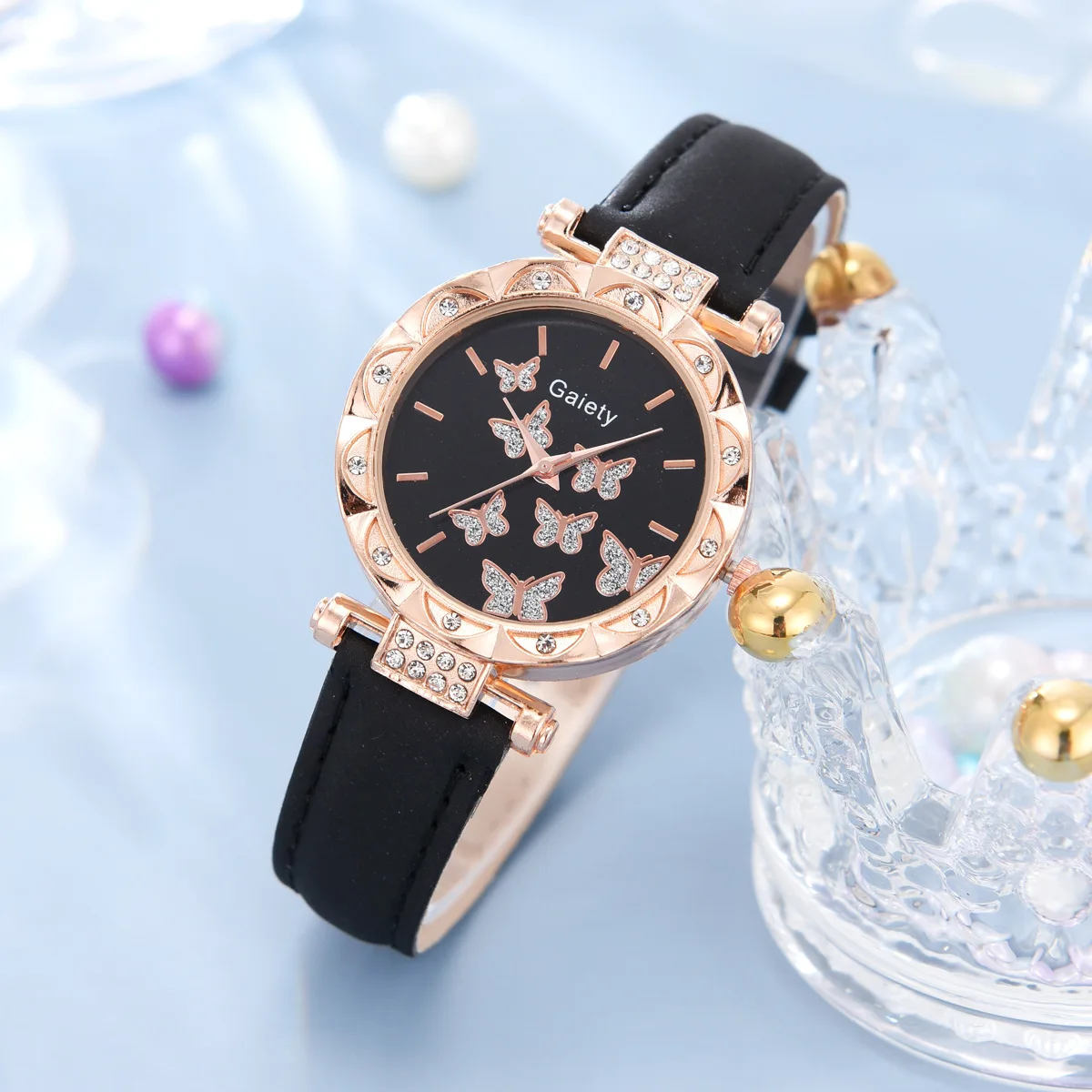 Reloj de pulsera de cuarzo para mujer, sencillo, de lujo, con esfera negra, informal, a la moda, con bonito mariposa, cristal, diamantes de imitación, correa de cuero