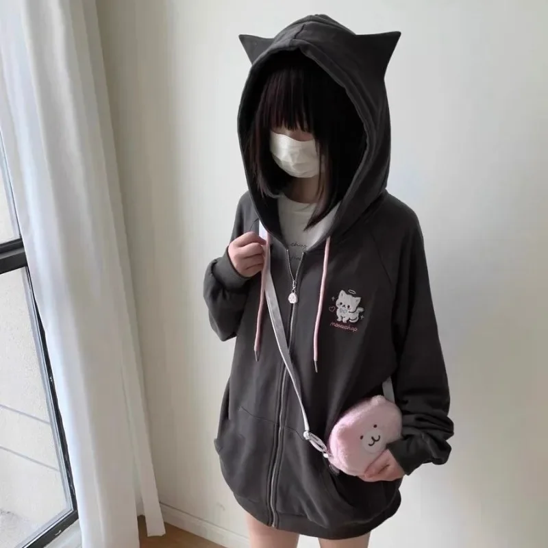 America Cartoon Cat Embroidery Cardigan Y2k Hooded Zipper Sweatshirt Women Streetwear Aesthetics Grunge Sweet Tops Harajuku Coat