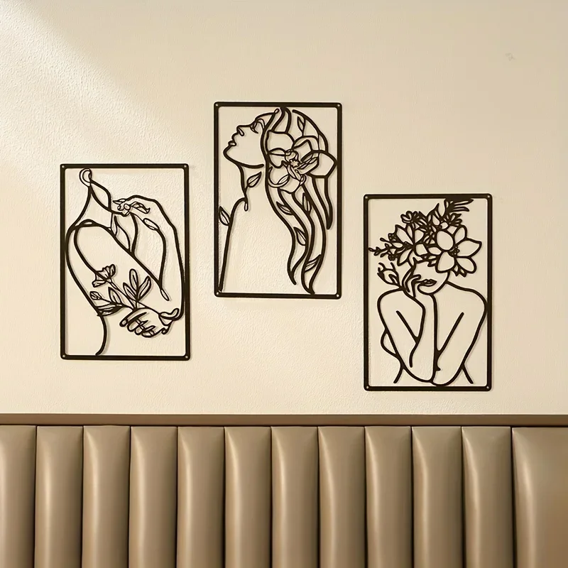 Minimalista Mulher Abstrata Wall Hanging Art, Linha Moderna Desenho, Metal Home Decor, Linha Única de Parede Feminina, 3Pcs