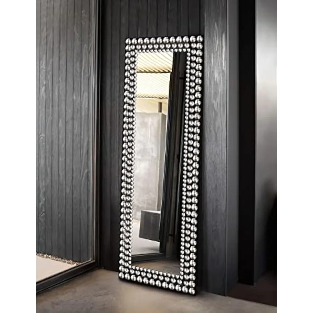 Full Length Mirror - Jeweled Floor Mirror Accented Crystal Metal Frame, Wall-Mounted or Standing Full Body Mirror 65”*22”