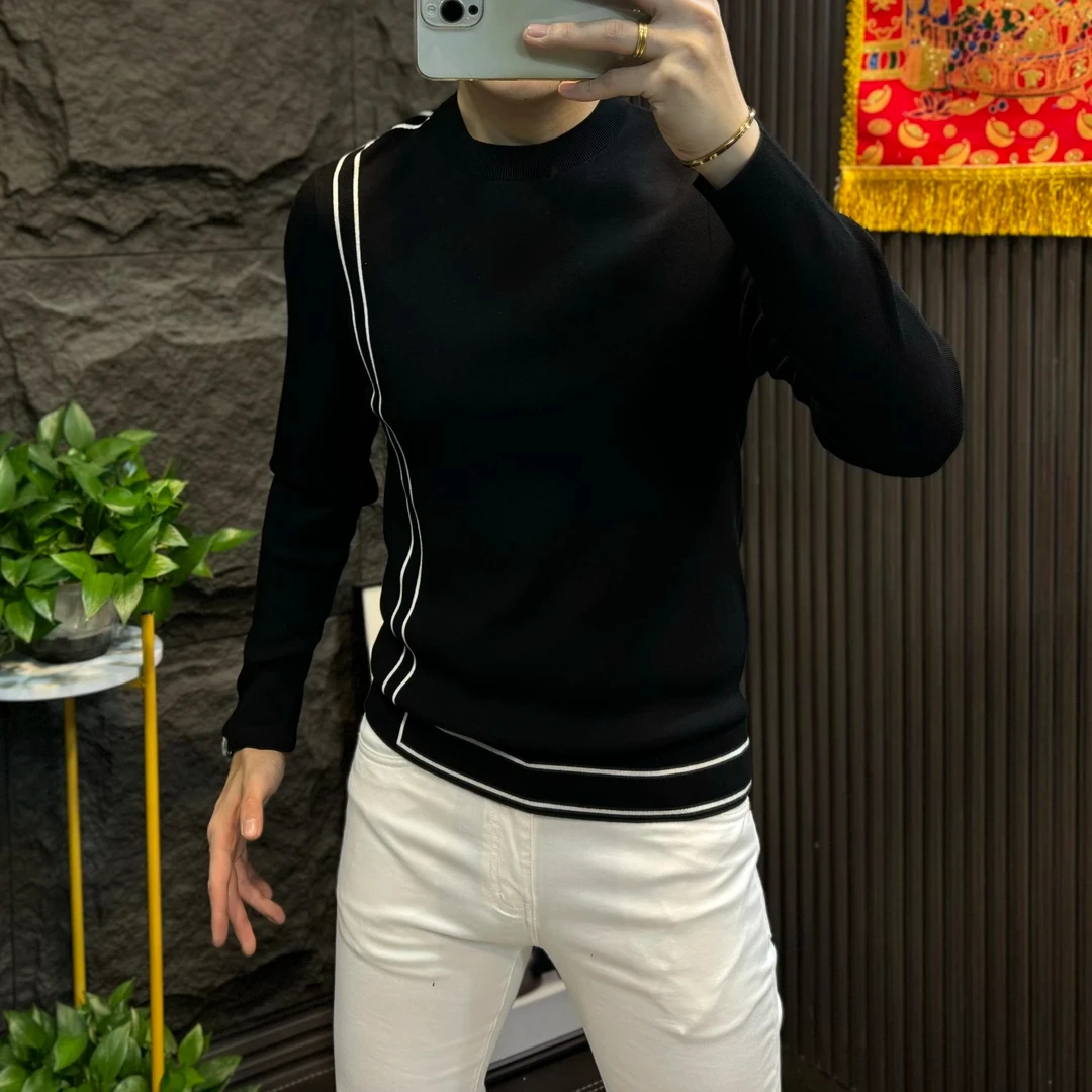 

High Quali Slim Fit Men's Knitwear Long Sve Striped Design Autumn Winter New Sle Lightweight Luxury Base irt