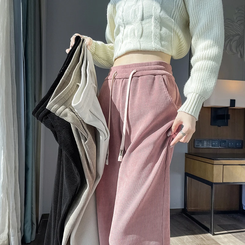 

Soft Chenille Fabric Loose Wide Legs Pants Women Autumn New Comfortable Elastic Waist Straight Trousers Pink Beige Khaki Black