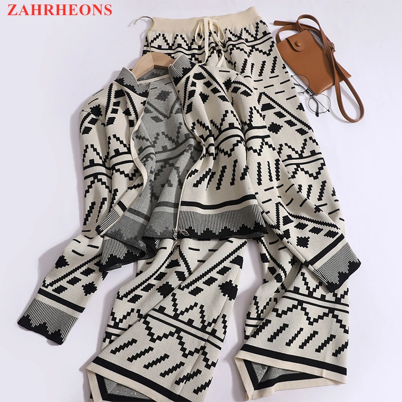 Women\'s Knitted Casual Set 2 Piece 2023 Autumn/Winter New Zipper Pattern Knitwear+Lace Up High Waist Pants Two Piece Suits