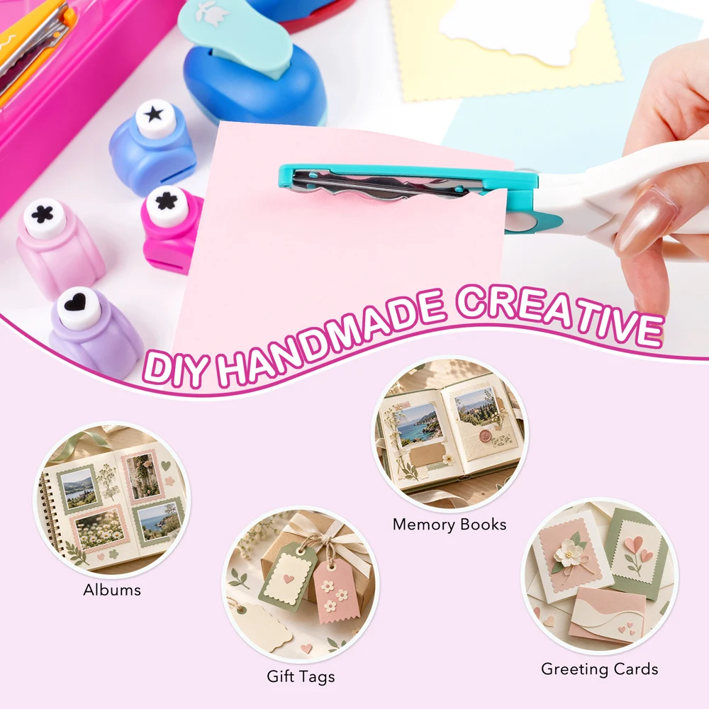 8Pcs Paper Craft Punch Decorative Edge Scissors Set Portable Carrying Case Creative Shape Punches for Diy Journaling Decor