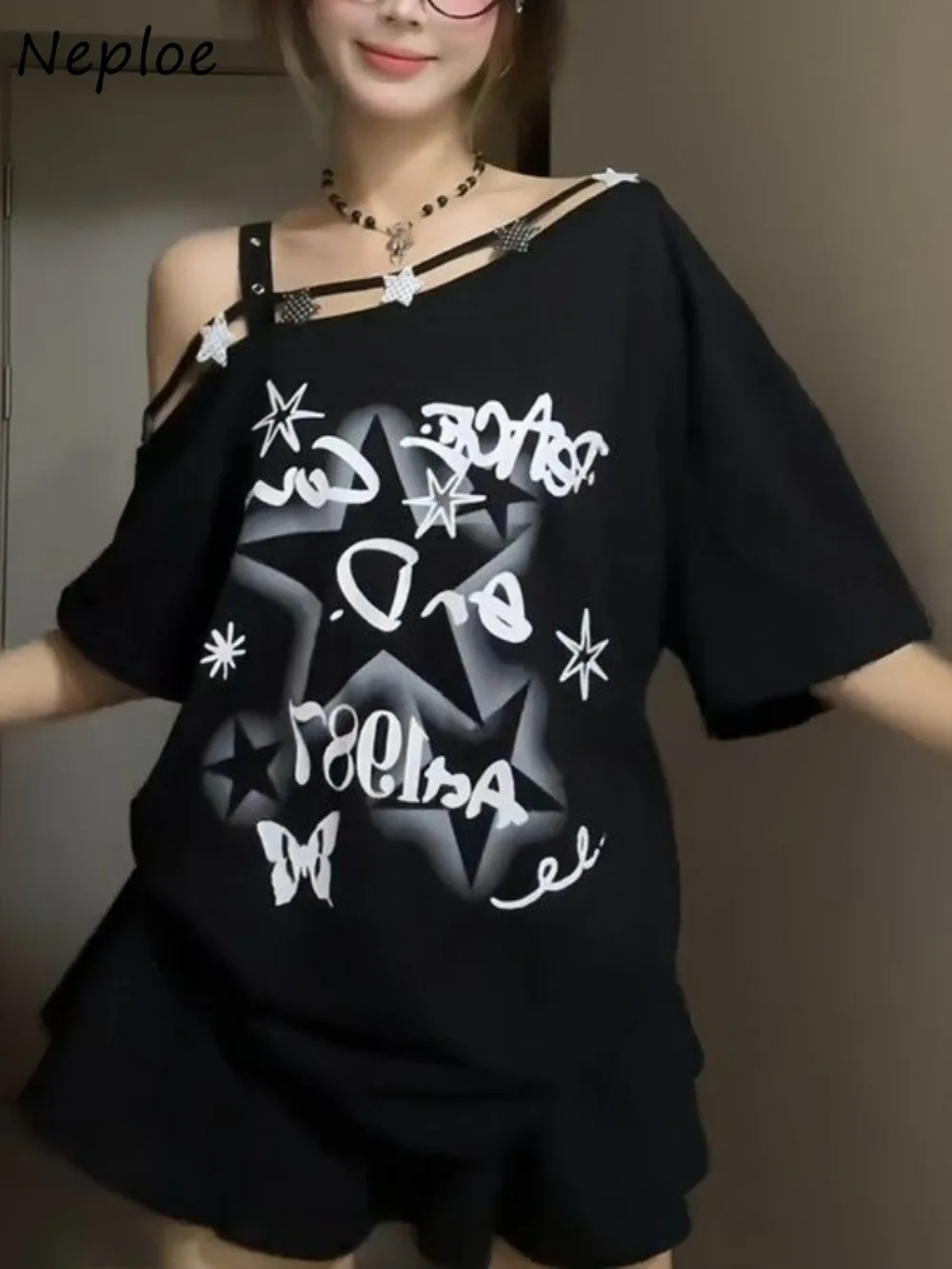 

Neploe Loose Office Lady Europe Mid-length T-shirt American Spice Girls Print Star Mujer Camisetas Premium Patchwork Moda Tops