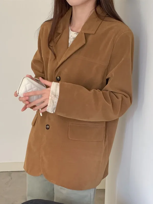 Retro Chic Lange Sve Revers Single Button frauen Casual Jaet Oberbekleidung Deer Haut Samt Lose Fit Koreanische Sle Mantel